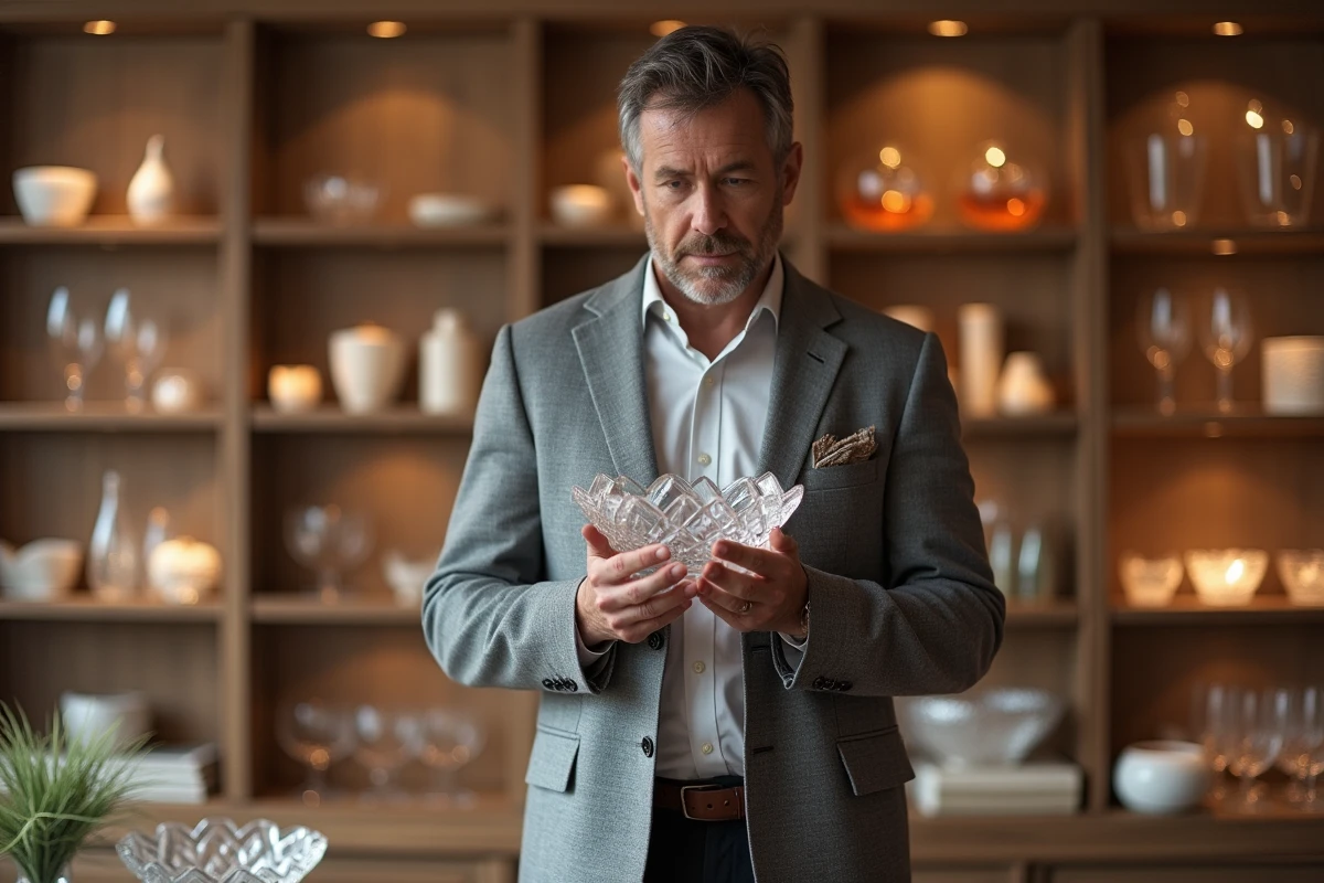 Homme choisissant un cadeau en cristal dans une boutique pour les noces de cristal de son couple