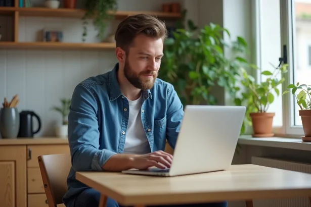Homme assis à une table de cuisine travaillant sur son ordinateur