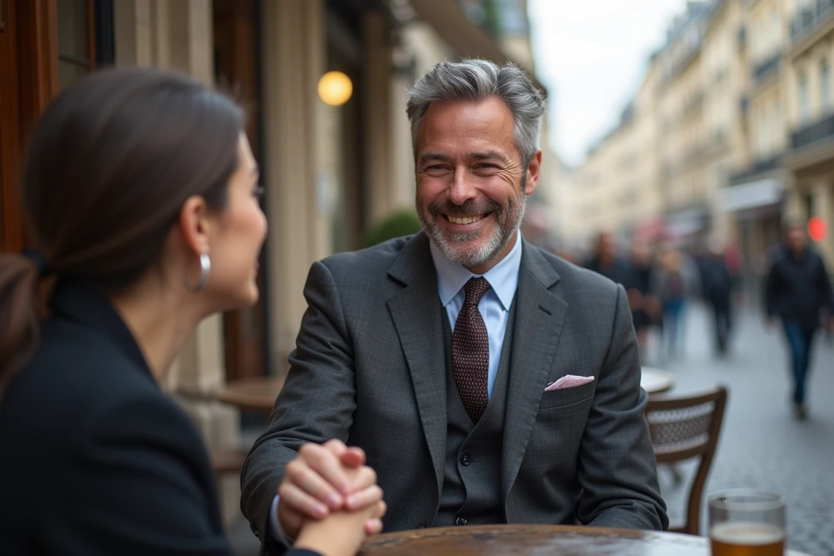Homme en costume au café parisien en extérieur
