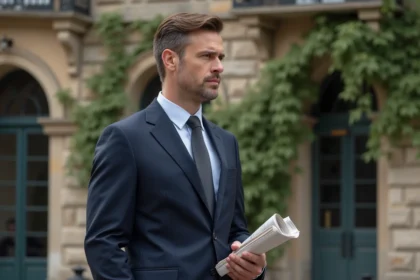 Homme en costume classique devant la mairie parisienne