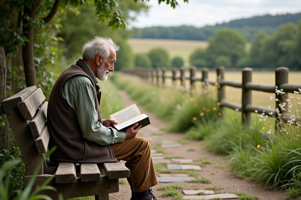 Homme âgé lisant dans un jardin champêtre