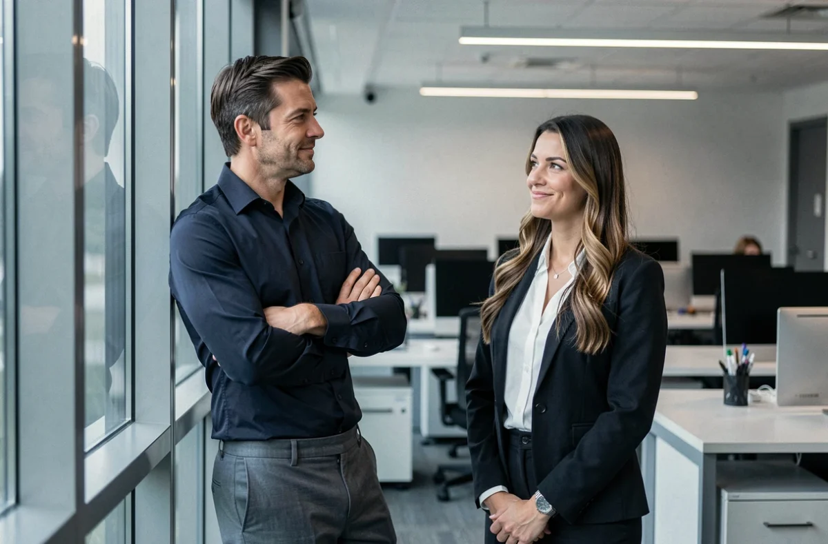 Homme marié et collègue féminine dans un bureau moderne, illustrant une tension relationnelle et des signes de manipulation affective au travail