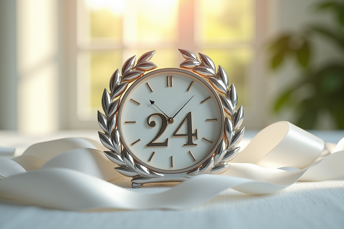 Horloge en porcelaine entourée de lauriers en argent et ruban blanc