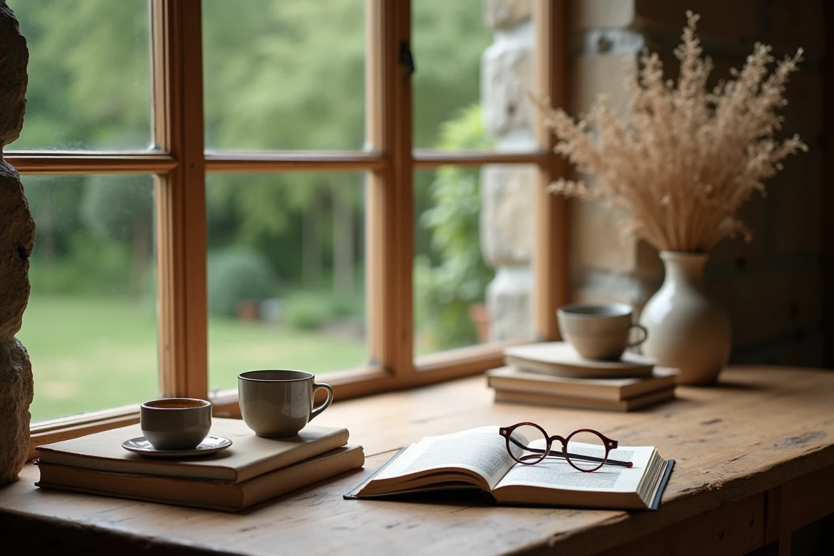 Table en bois rustique avec deux tasses à café et des livres de jardinage, symbole d'une vie intime et préservée