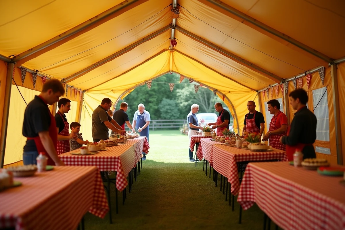 Intérieur d'une tente gonflable décorée pour une kermesse avec tables de jeux et bénévoles en action