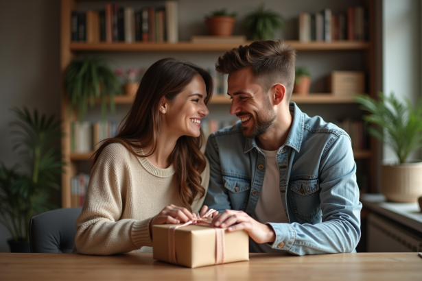 Jeune couple de mariés déballant un cadeau à la maison