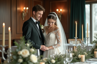 Jeune couple de mariés en hiver arrangeant un centre de table