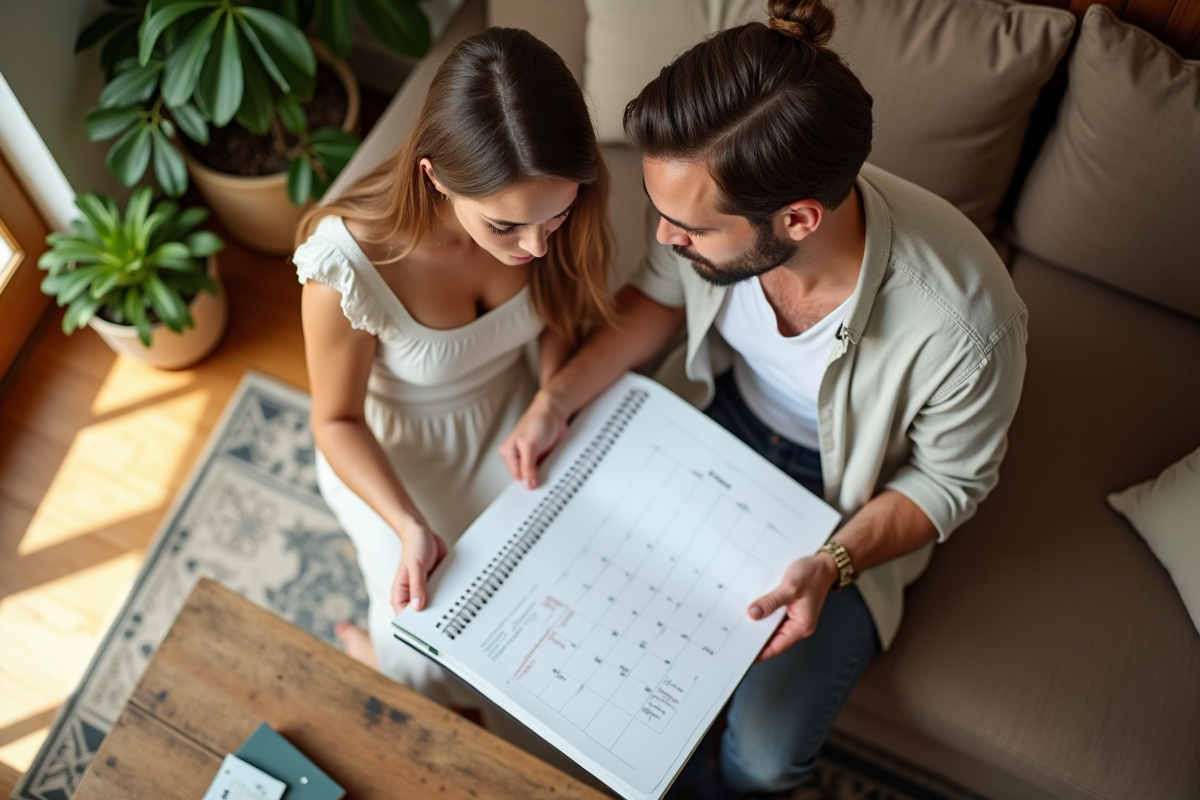 Jeune couple planifiant leur mariage avec un calendrier dans un salon chaleureux