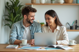Jeune couple discutant de destinations de lune de miel