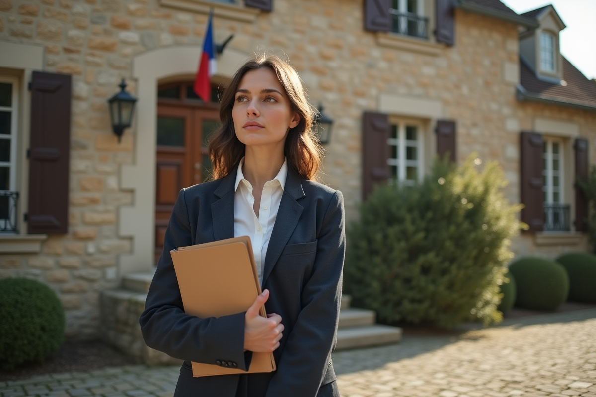 Jeune femme devant une mairie rurale en plein air