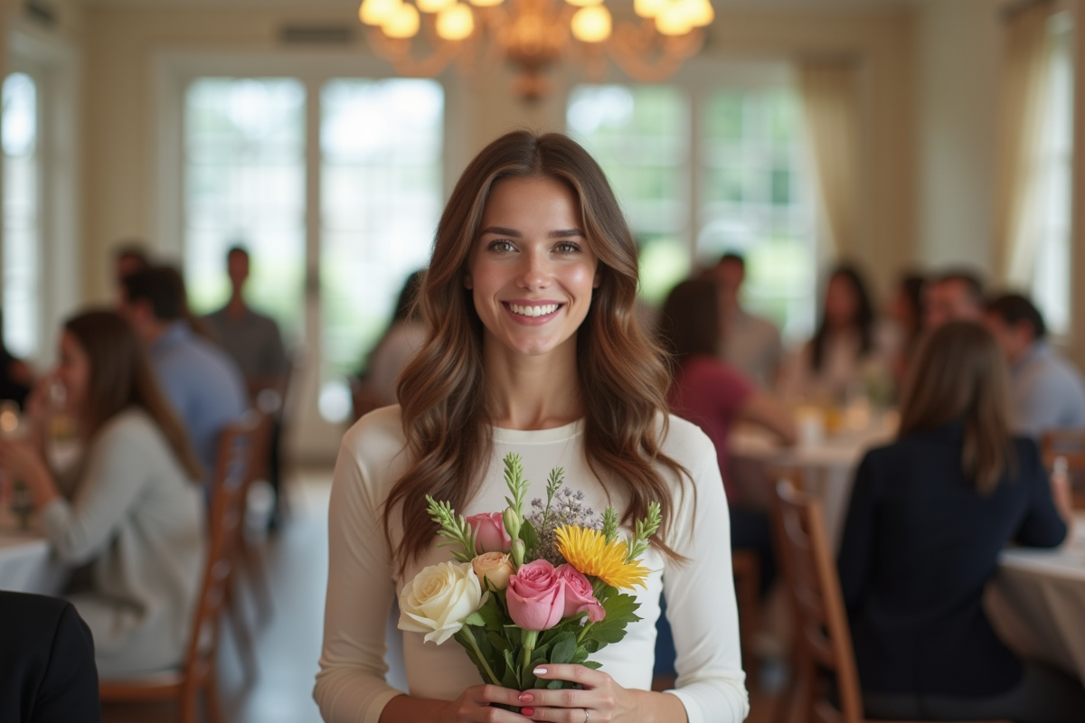Jeune femme souriante tenant un bouquet lors d