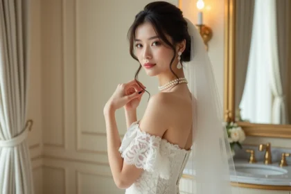 Jeune femme en robe de mariée ajustant son collier de perles dans une suite nuptiale