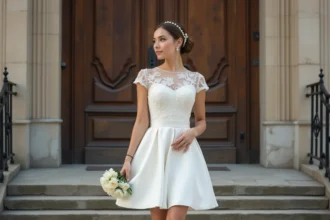 Jeune femme en robe blanche chic devant la mairie