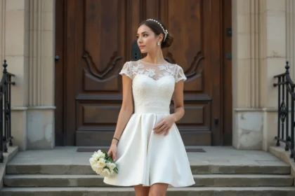 Jeune femme en robe blanche chic devant la mairie