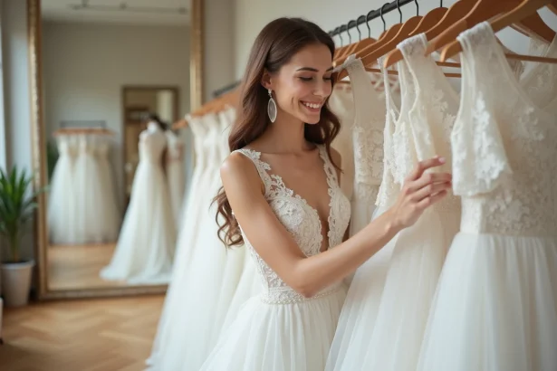 Jeune femme souriante en robe de mariage dans une boutique chic