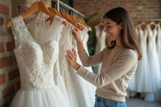 Jeune femme souriante examine une robe de mariage à Paris