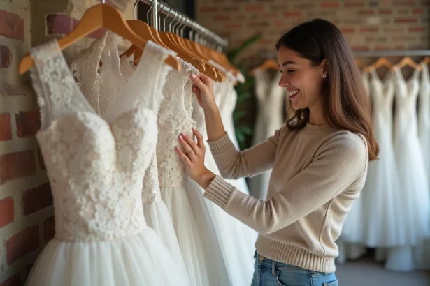 Jeune femme souriante examine une robe de mariage à Paris