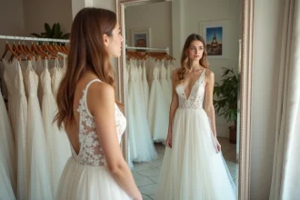 Jeune femme en robe de mariage abordable dans un magasin parisien