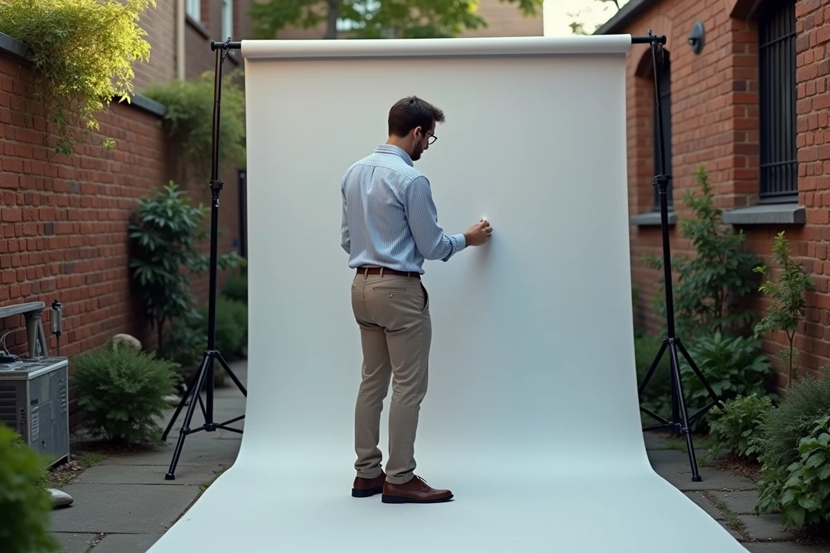 Jeune homme installant un fond léger dans une cour urbaine