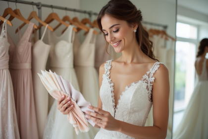 Jeune mariée en robe de dentelle compare des tissus de mariage