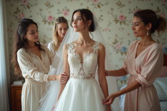 Jeune mariée en robe blanche entourée de femmes aidantes