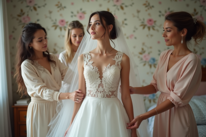 Jeune mariée en robe blanche entourée de femmes aidantes