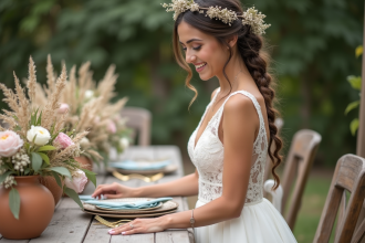 Jeune mariée souriante avec couronne de fleurs dans un jardin