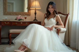 Jeune mariée en robe blanche ajuste ses chaussures élégantes