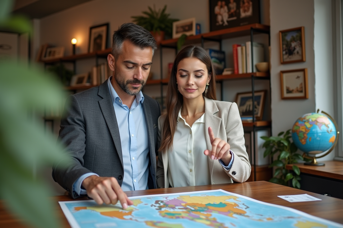 Jeunes mariés examinant des brochures de voyage dans un bureau