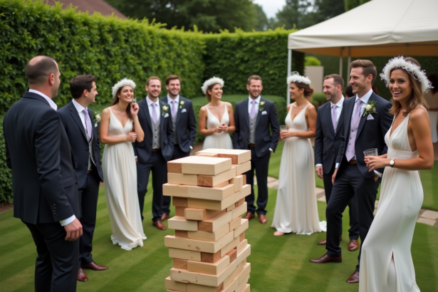 Invités élégants jouant à un jeu géant lors d'un mariage en plein air