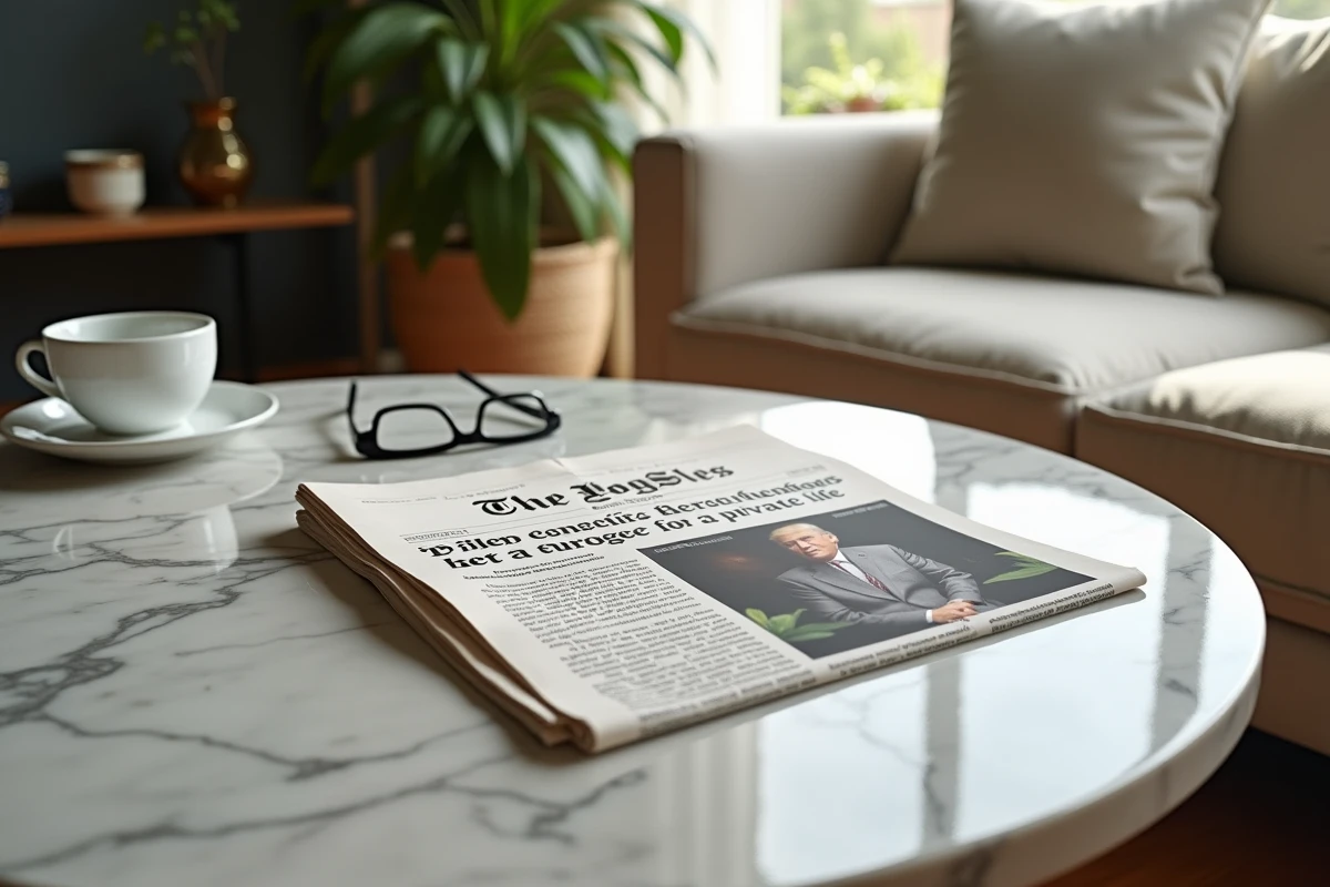 Journal plié sur une table en marbre avec lunettes et tasse à café