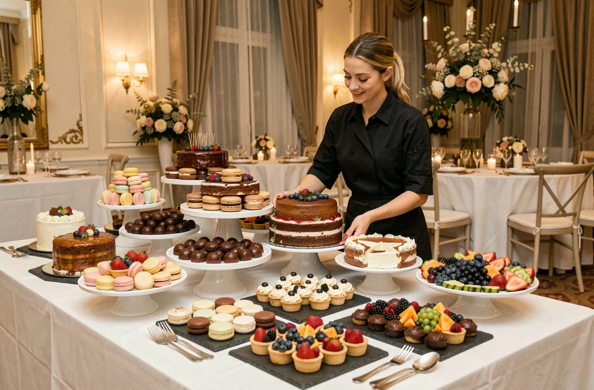 Table de desserts gourmands pour un mariage avec macarons, tartelettes et gâteaux artisanaux