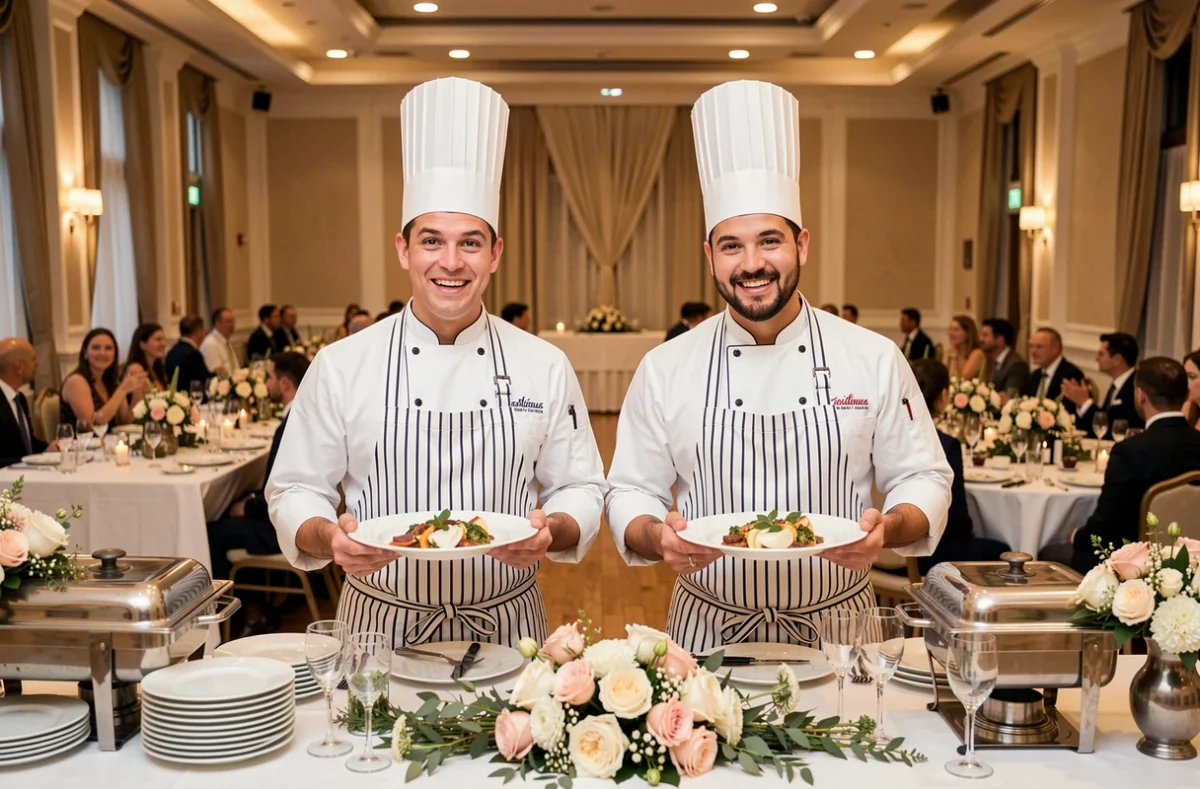 Deux chefs jumeaux en toque blanche présentant leurs créations culinaires lors d'un mariage