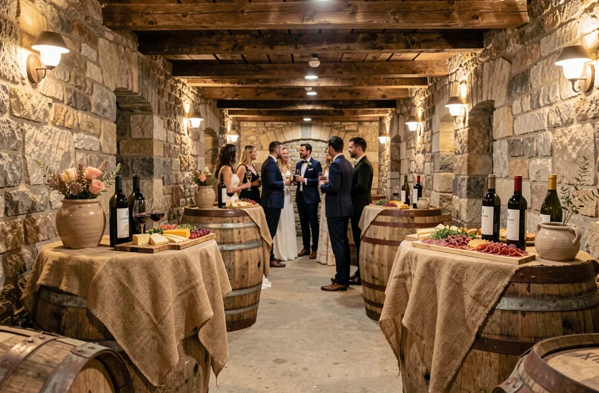Réception de mariage dans une cave à vin rustique avec planches de charcuterie et fromages de Loire