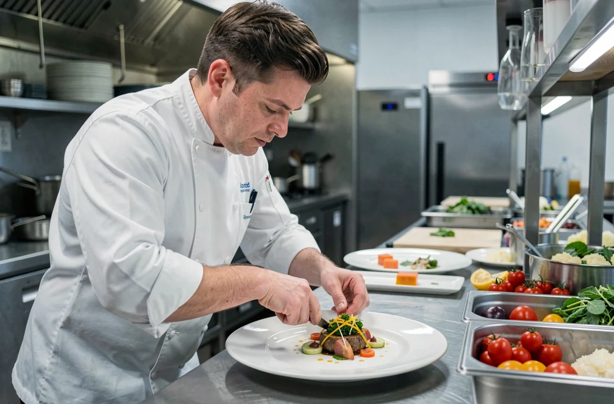 Chef traiteur dressant un plat gastronomique dans une cuisine professionnelle moderne