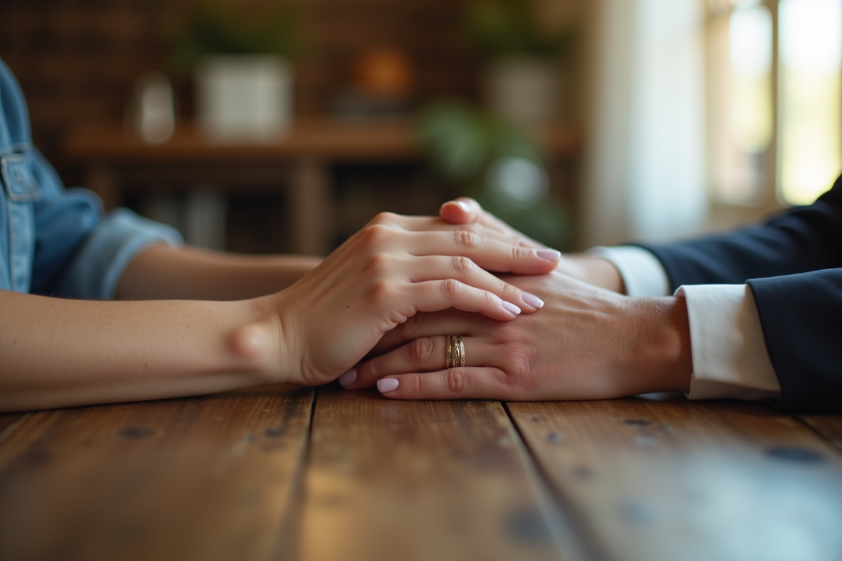Mains entrelacees avec bagues de mariage sur table en bois