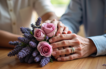 Mains d'un couple marié ancien tenant un bouquet de lavande et roses