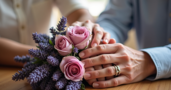 Mains d'un couple marié ancien tenant un bouquet de lavande et roses