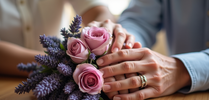 Mains d'un couple marié ancien tenant un bouquet de lavande et roses