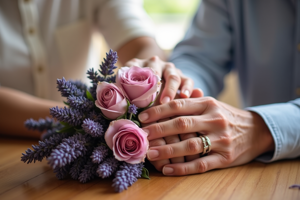 Mains d'un couple marié ancien tenant un bouquet de lavande et roses