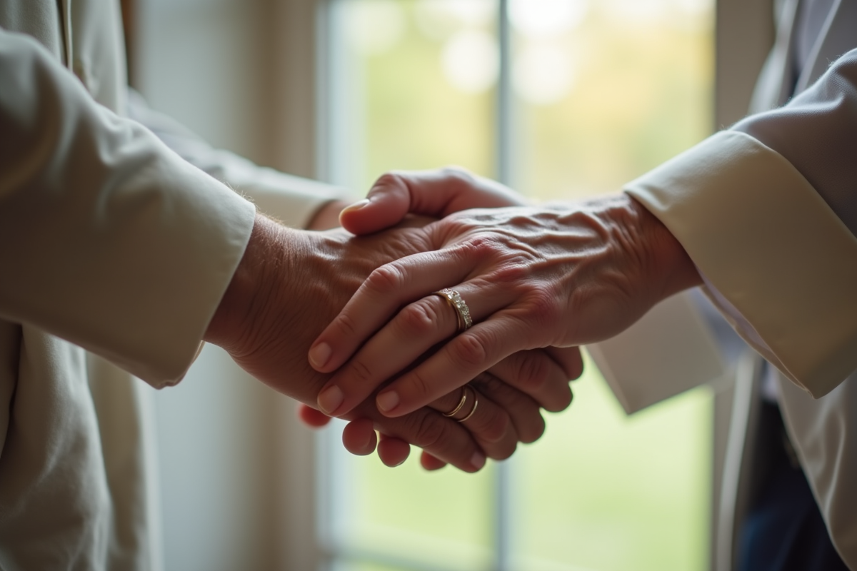 Zoom sur les mains d un couple agee avec alliances visibles