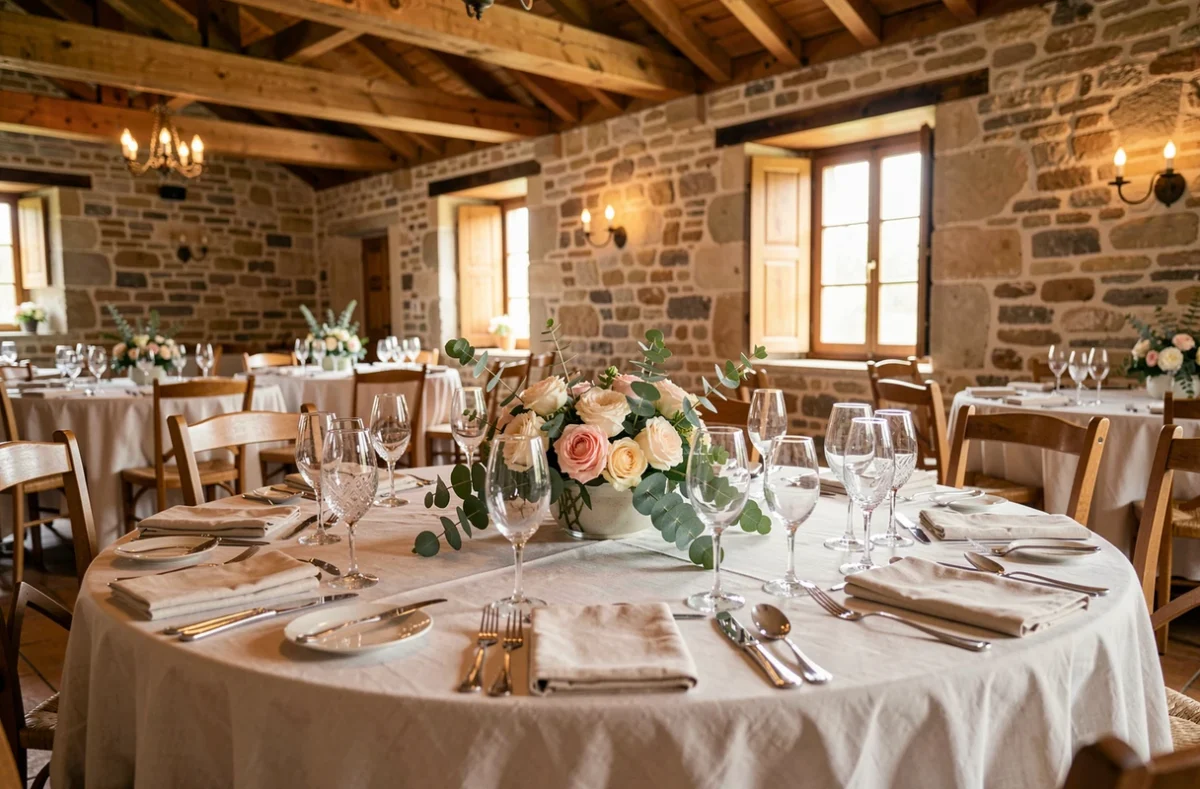 Table de dîner de mariage intime au Manoir Sainte Marie avec poutres en bois, murs en pierre et décoration florale raffinée