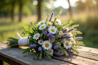 Bouquet de mariage champêtre avec fleurs sauvages sur une table en plein air