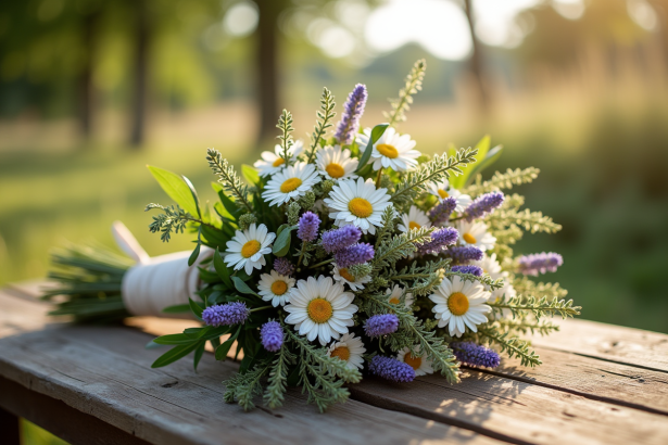 Bouquet de mariage champêtre avec fleurs sauvages sur une table en plein air