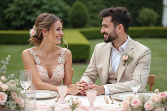 Jeune couple de mariés dans un jardin lors d'un mariage