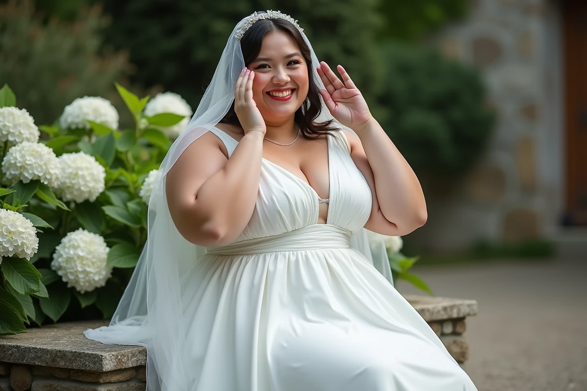 Jeune mariée en extérieur ajustant son voile dans un jardin
