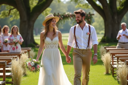 Jeune couple de mariés dans un champ en plein air lors d'un mariage champêtre