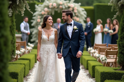 Jeune couple de mariés dans un jardin lors de leur mariage