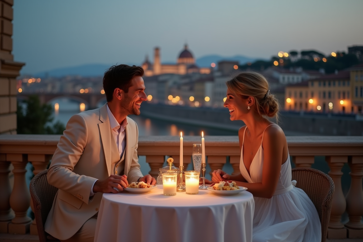Couple en dîner romantique sur terrasse en ville historique