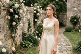 Mariée élégante en robe de soie ivoire dans un jardin de campagne discret, évoquant un mariage intime et rare